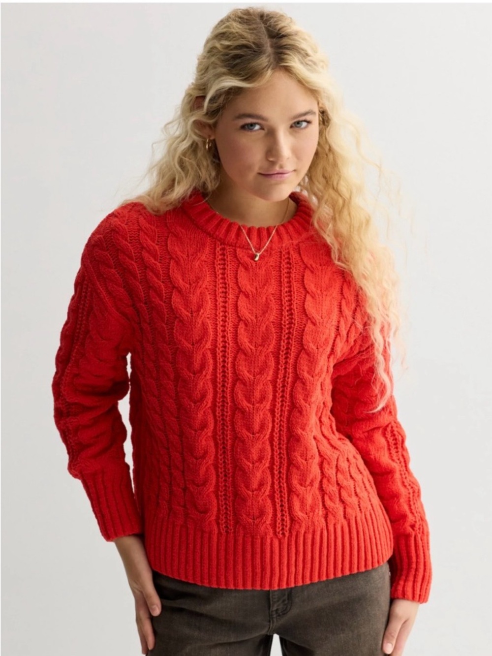 Cabin Cozy Bright Red Chunky Chenille Cable Knit Crewneck Sweater